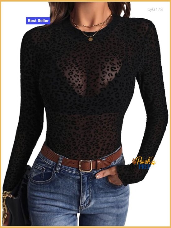 Tops - Sheer Leopard Print Long Sleeve Crew Neck Fitted Going Out Top